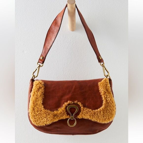 Campomaggi x Free People Salvatore Shearling Trim Leather Shoulder Bag in Cognac - Picture 1 of 15